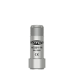 A render of a CTC AC221 stainless steel, miniature size, top exit industrial vibration sensor.
